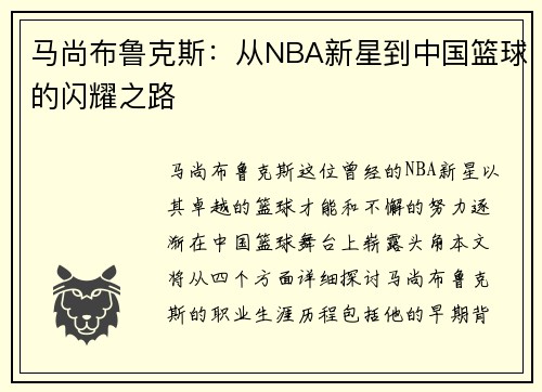 马尚布鲁克斯：从NBA新星到中国篮球的闪耀之路